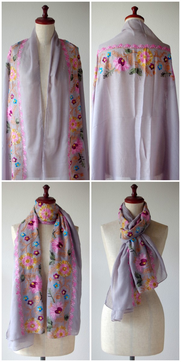 刺しゅう ストール 花 モチーフ 大判ストール ピンク 白 黒 グレー