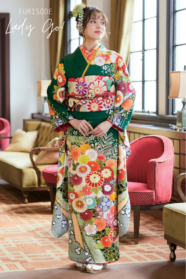 色無地 暗めの赤！成人式振袖7点セット丈161cm帯新品帯揚げフルセット