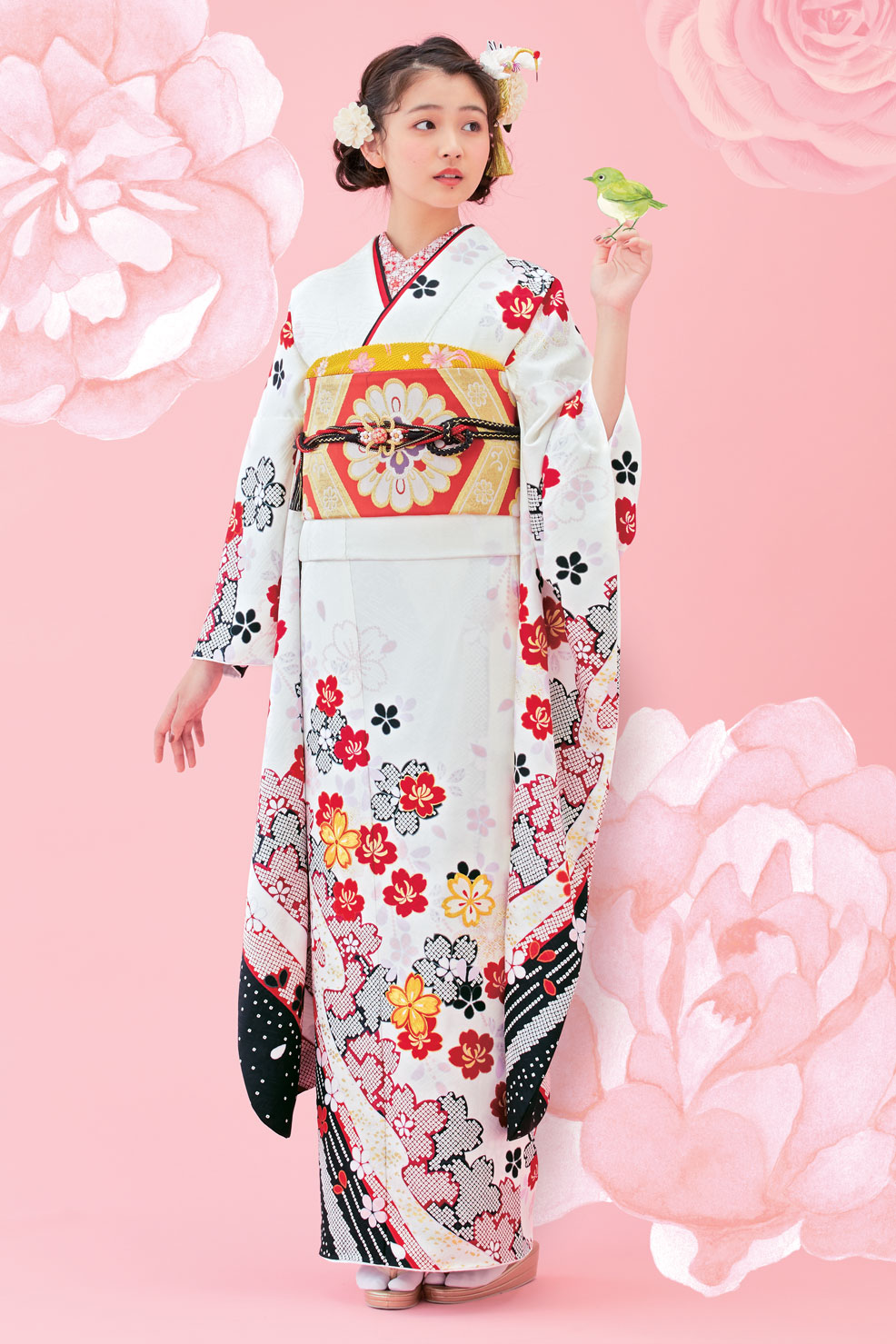 白地に舞う小桜柄のすっきり振袖｜可憐で控えめなシンプル成人式スタイル