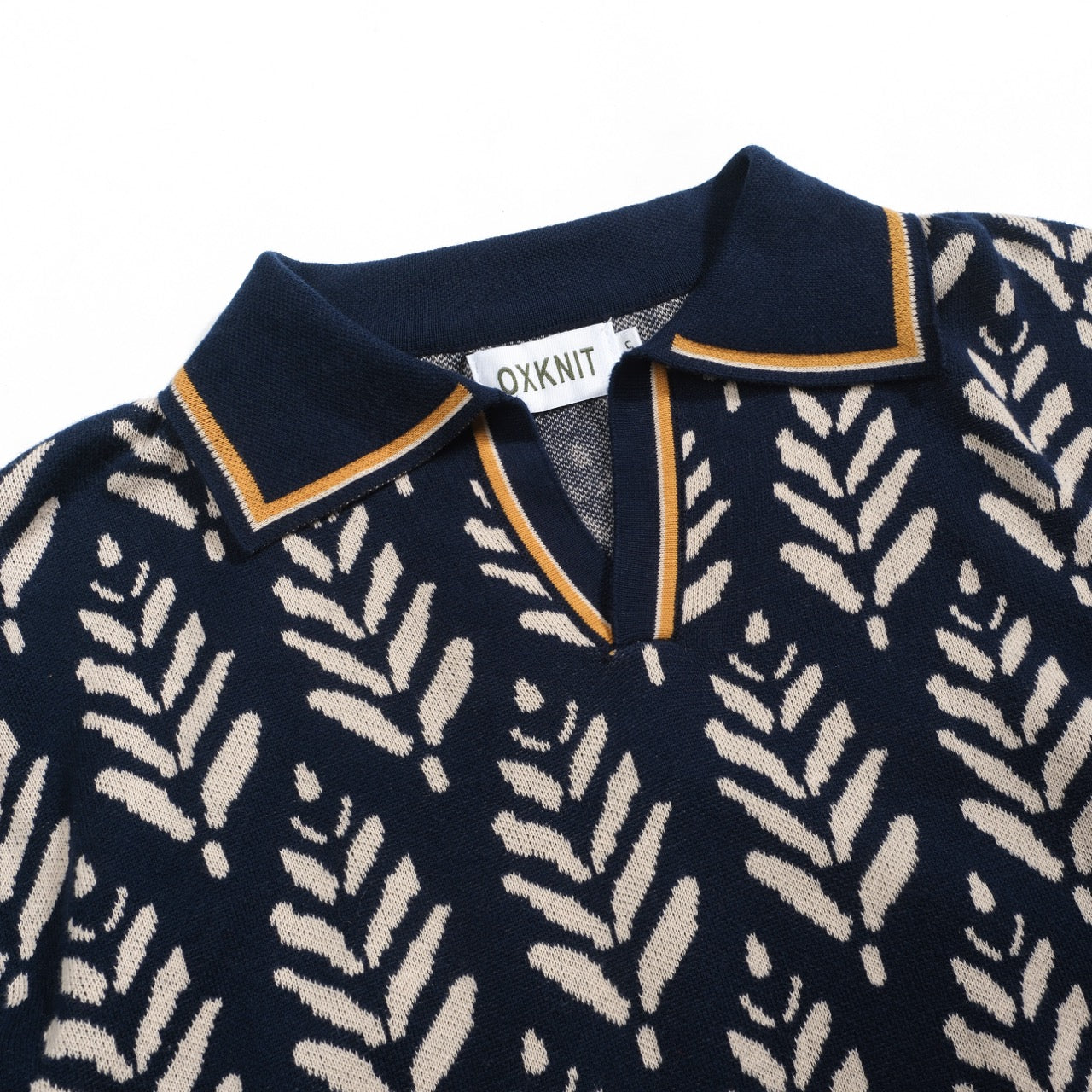 Men's navy 70's jacquard V-neck polo shirt – OXKnit