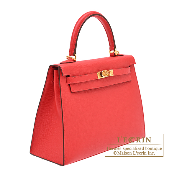 エルメス ケリー25/外縫い ルージュラデュー ヴォーエプソン ゴールド