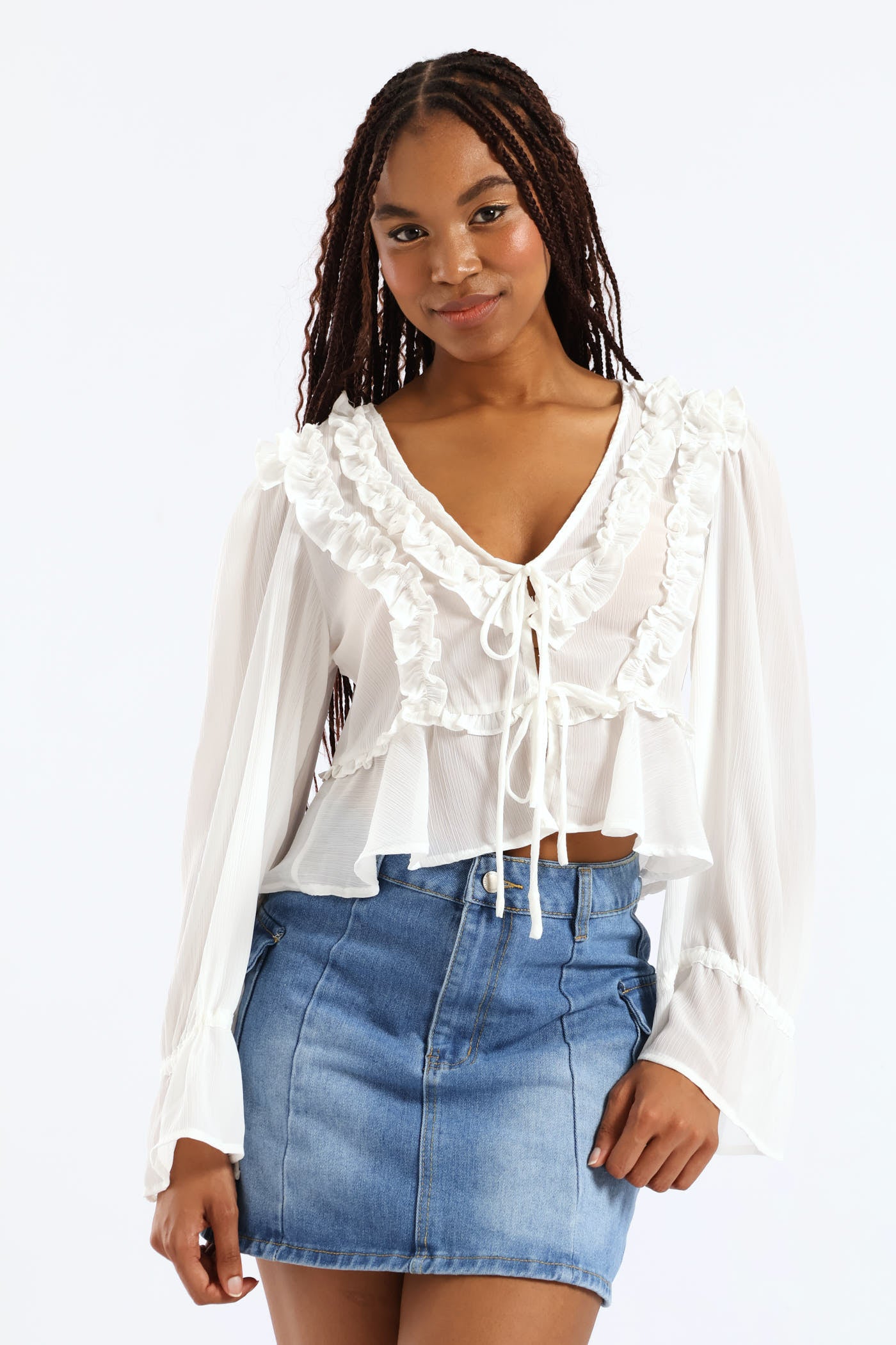 Long Sleeve Flowy Tie Front Ruffle Blouse - White – LEGiT