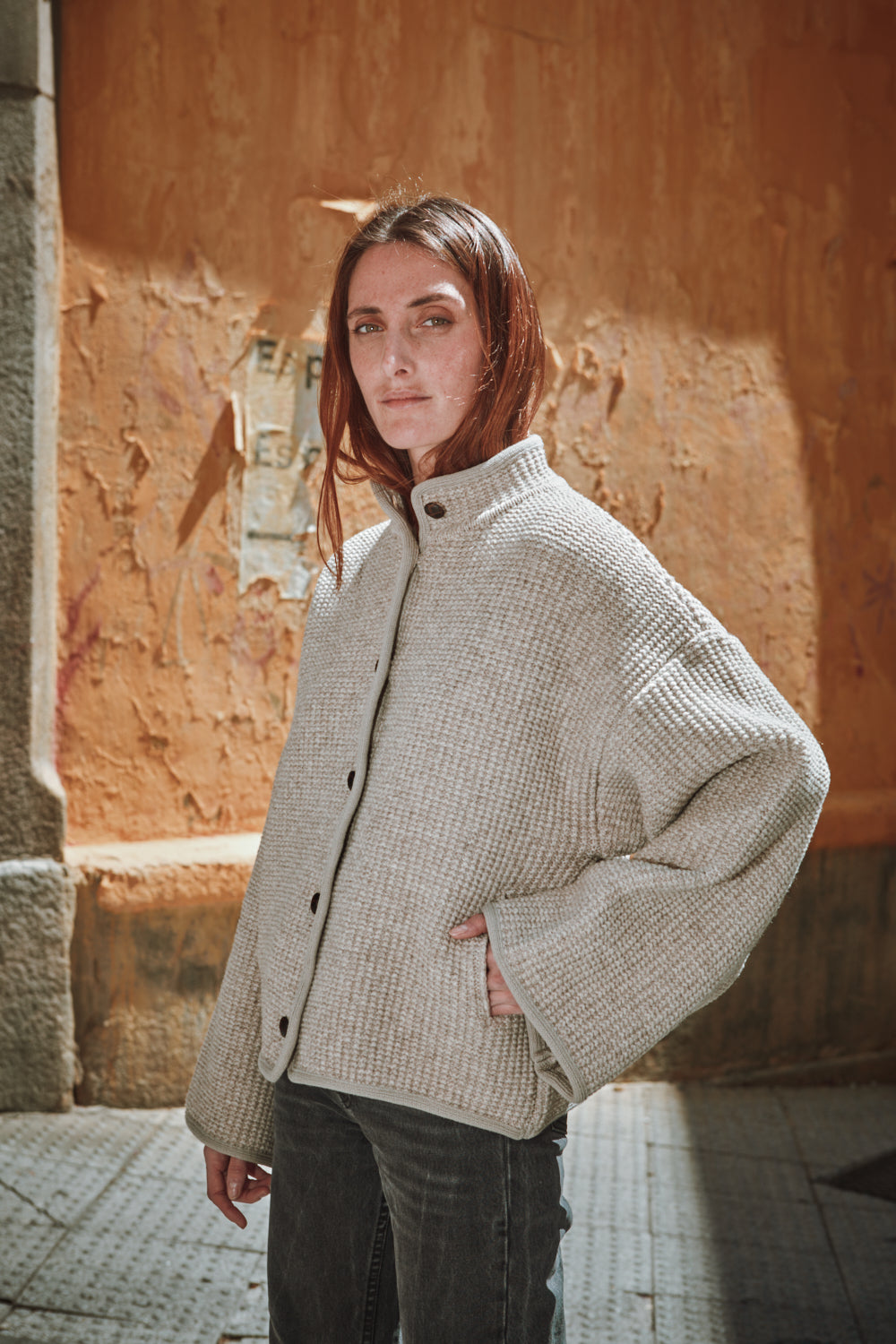 DELPHINE Bell-Sleeve Knit Jacket in Merino Wool - Beige | L'Envers