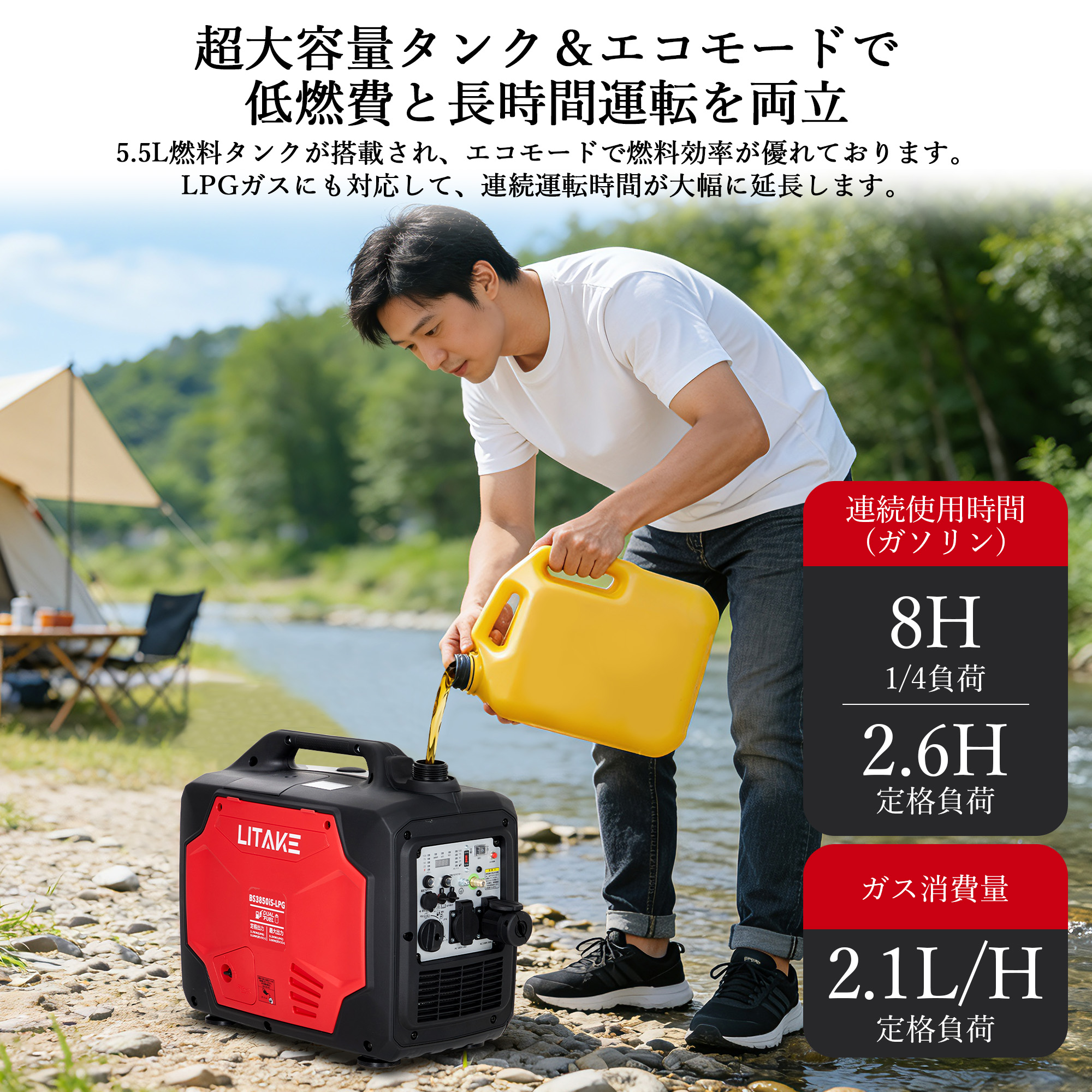 インバーター発電機 最大3500W高出力 防音型 正弦波 ガソリン LPGガス