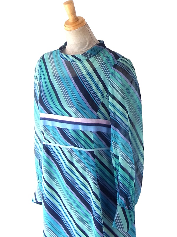 送料無料】70年代製 水色 X パープル・ブラック ストライプ ピンク