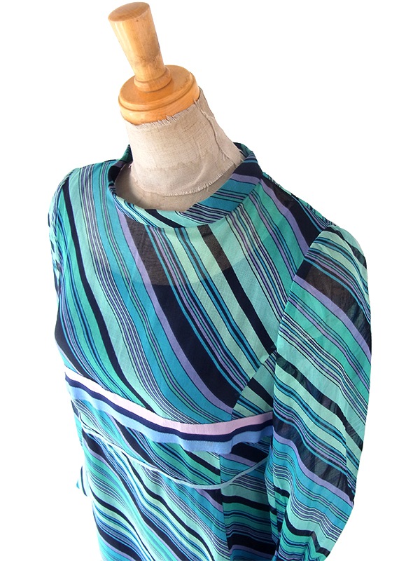 送料無料】70年代製 水色 X パープル・ブラック ストライプ ピンク