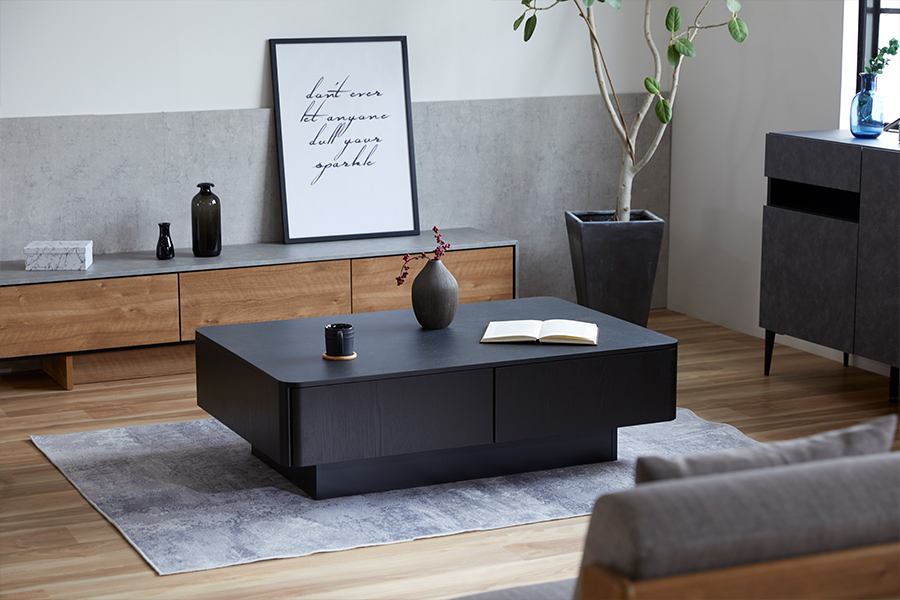 大容量リビングテーブル ブラック×マーブルブラック - ローテーブル