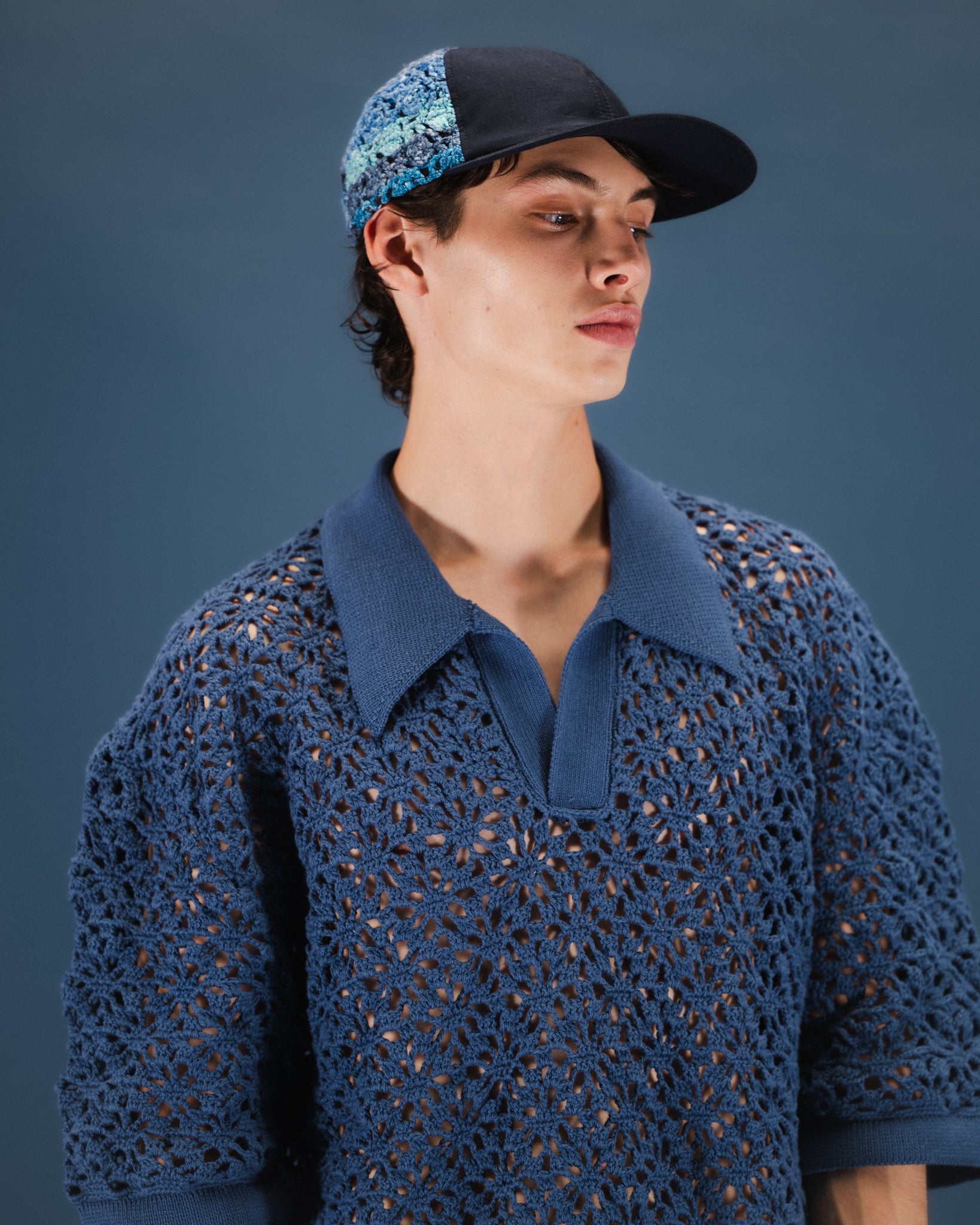 CROCHET HAND KNIT SKIPPER POLO (LOOSE FIT) - DEEP BLUE