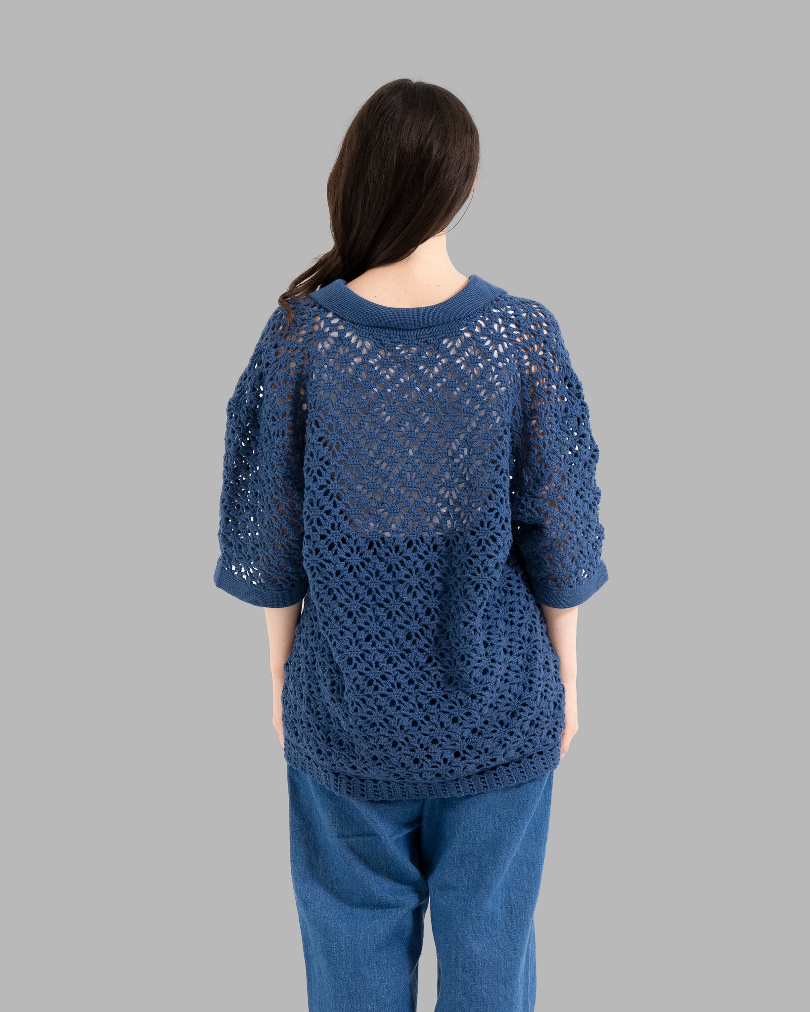 CROCHET HAND KNIT SKIPPER POLO (LOOSE FIT) - DEEP BLUE