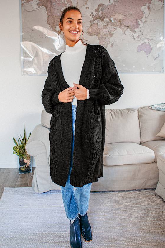 Cozy Black Cardigan - Cable Knit Cardigan - Oversized Cardigan - Lulus