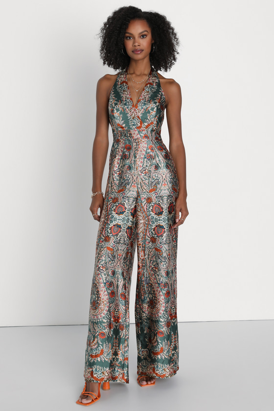 Teal Scarf Print Jumpsuit - Satin Jumpsuit - Halter Jumpsuit - Lulus