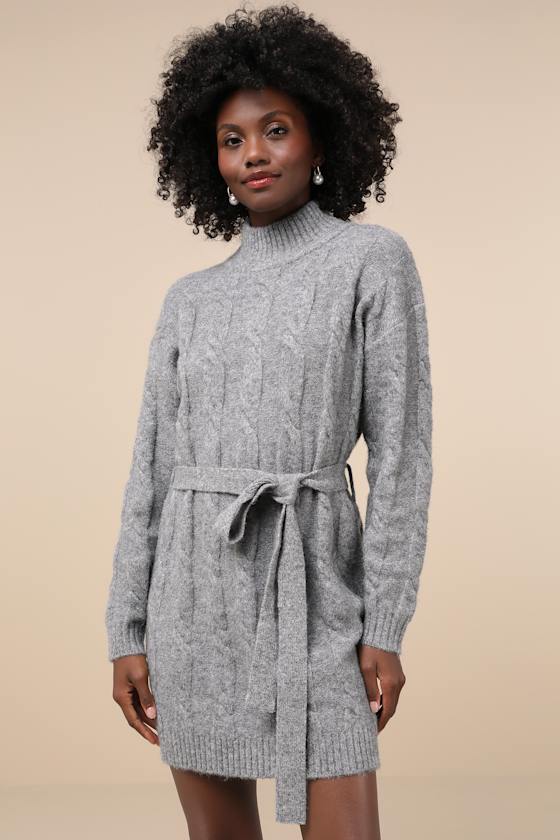 Heather Grey Dress - Cable Knit Mini Dress - Mini Sweater Dress