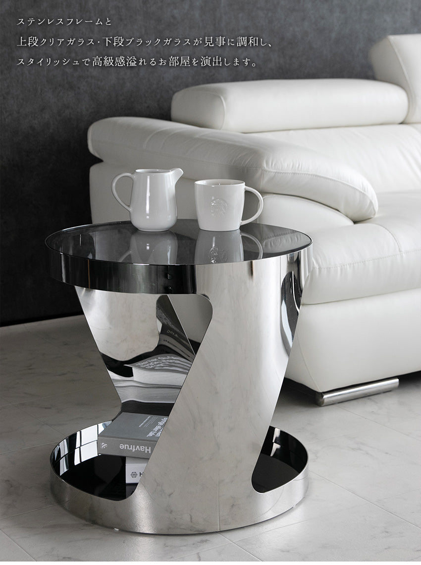 lushroom サイドテーブル ガラス 丸 テーブル 黒 シルバー 幅48