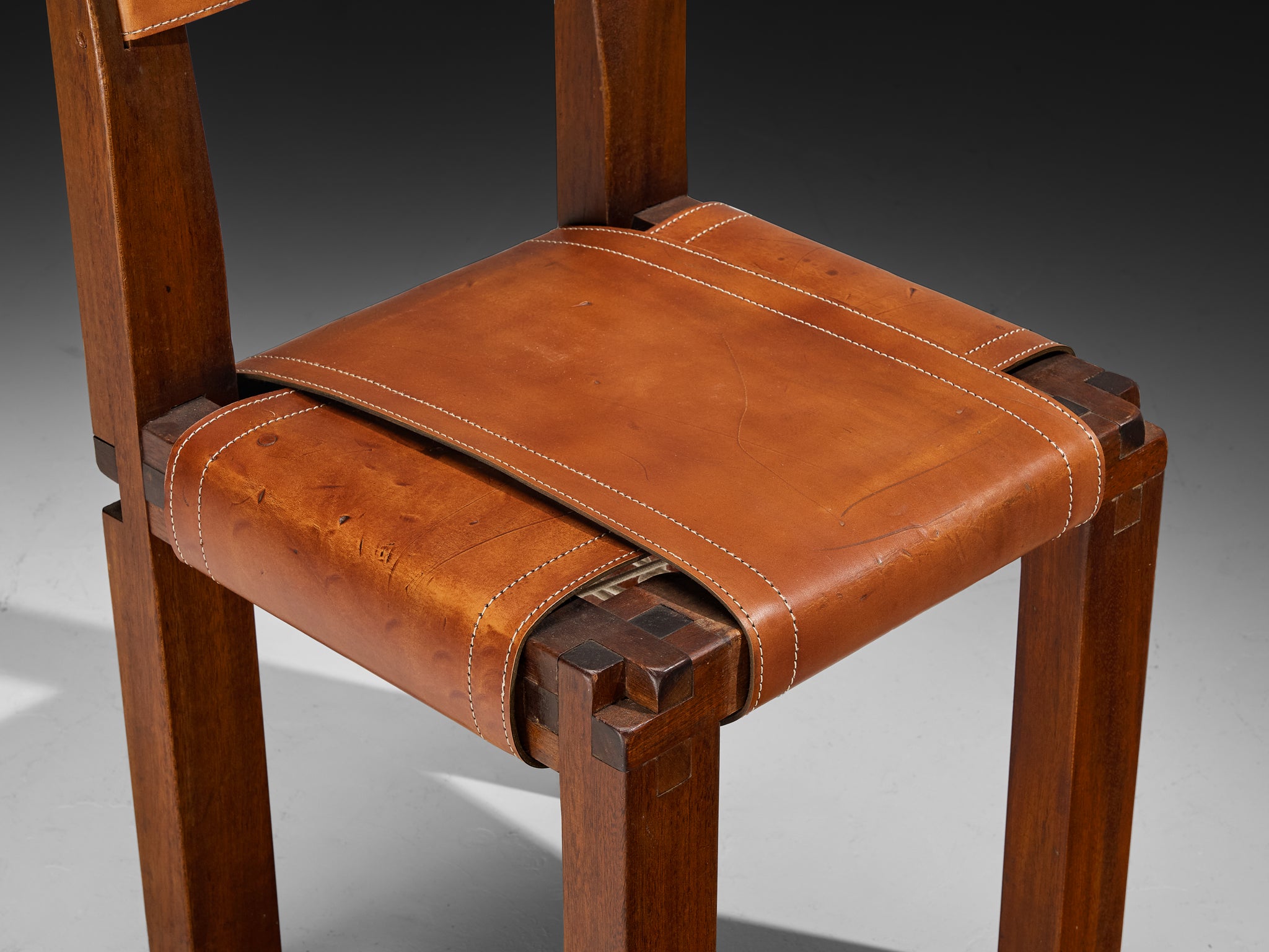 Rare Pierre Chapo Set of Eight S11 Dining Chairs in Sipo Wood and Leat