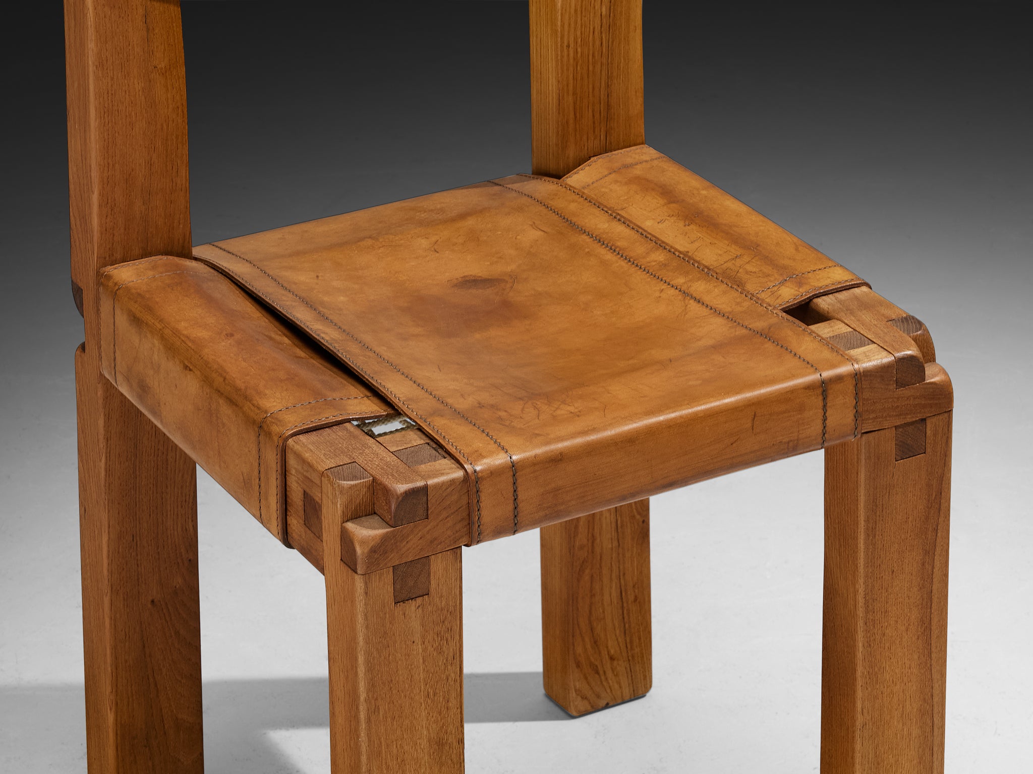 Early Pierre Chapo 'S11' Dining Chair in Elm and Cognac Leather