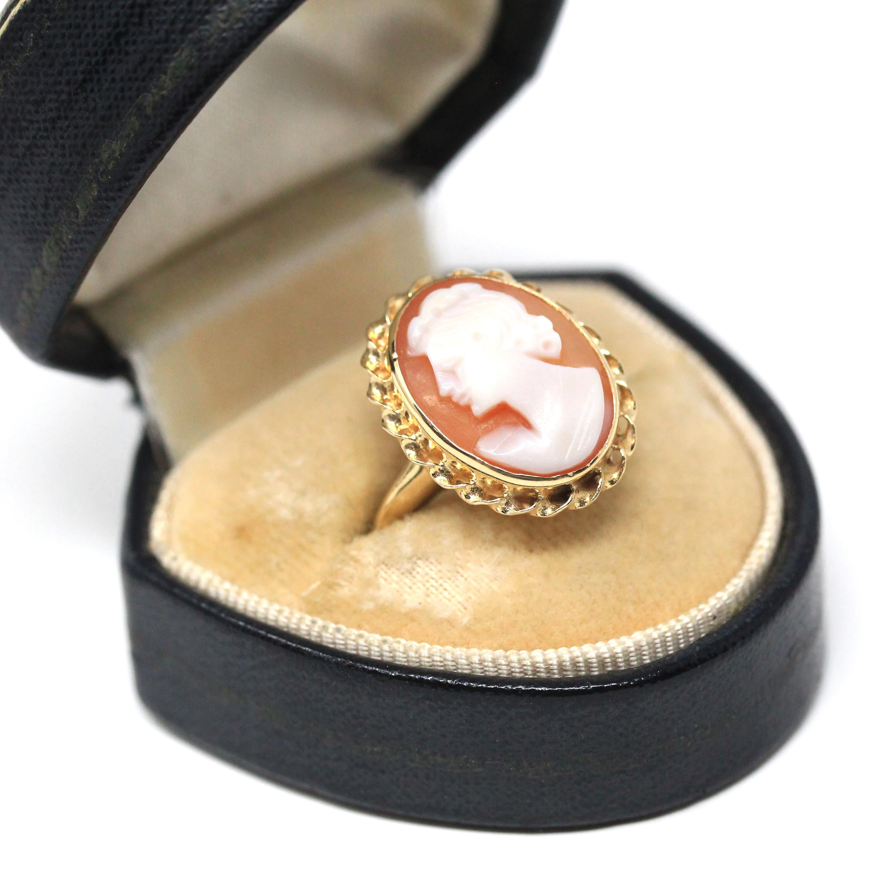 Vintage Cameo Ring - Retro 14k Yellow Gold Orange White Genuine