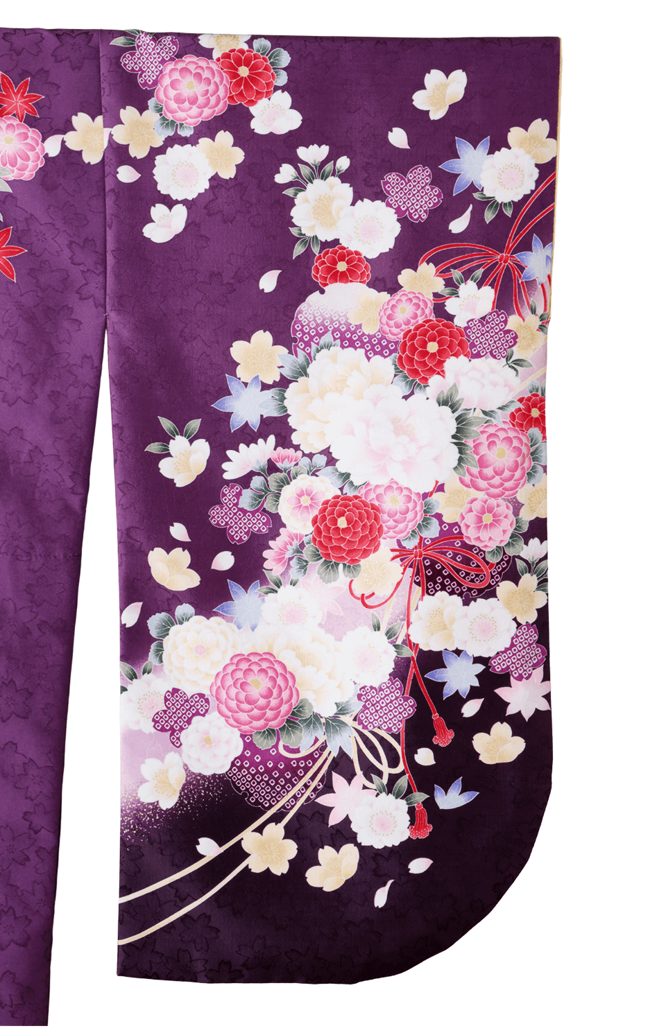 着物〉紫色 シャクヤク柄着物 〈袴〉ピンク色 ストライプリーフ柄袴