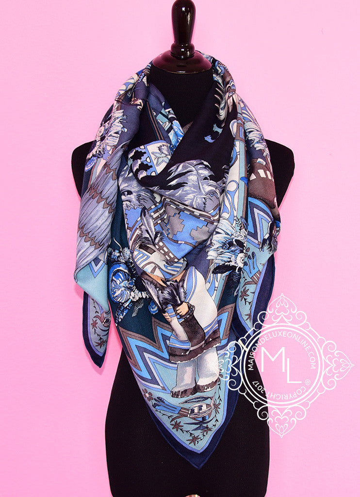 Hermes Cashmere 140 GM Kachinas Ciel Marine Blue Shawl Scarf Wrap