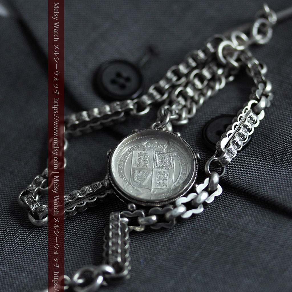 銀無垢アンティーク懐中時計チェーン 英国ビクトリア女王銀貨