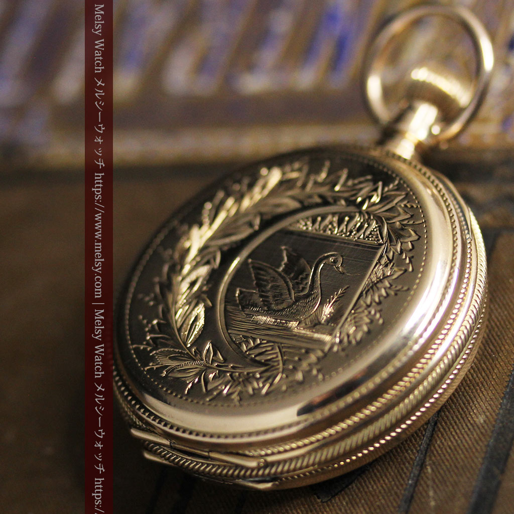 水鳥と植物の彫り エルジンのアンティーク金無垢懐中時計 【1886年頃】