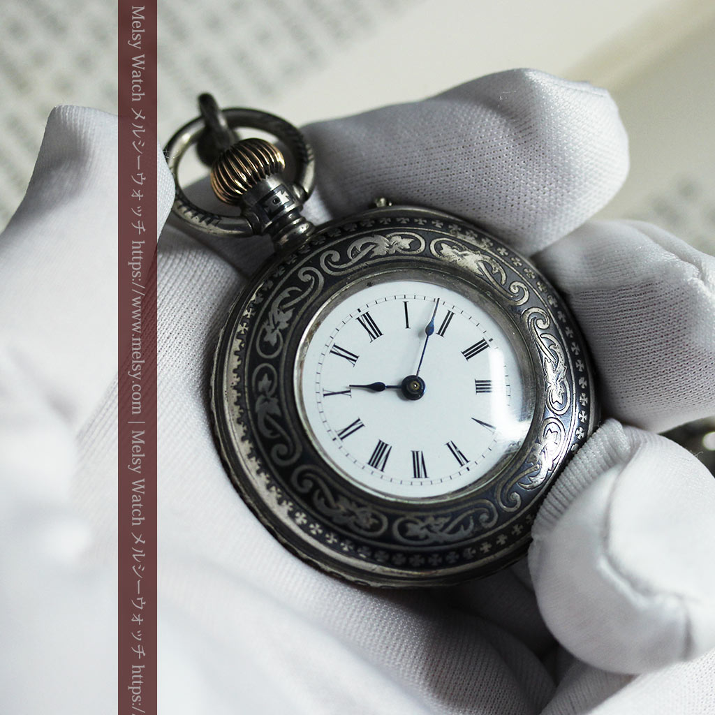 ニエロ・黒金装飾 ロンジンの銀無垢アンティーク懐中時計【1902年製