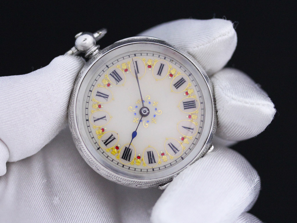 スイス製 鍵巻き式銀無垢アンティーク懐中時計 赤青金の3色模様