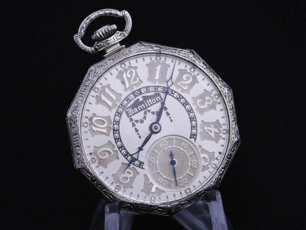 ハミルトン アンティーク懐中時計 アールデコ・立体模様の文字盤