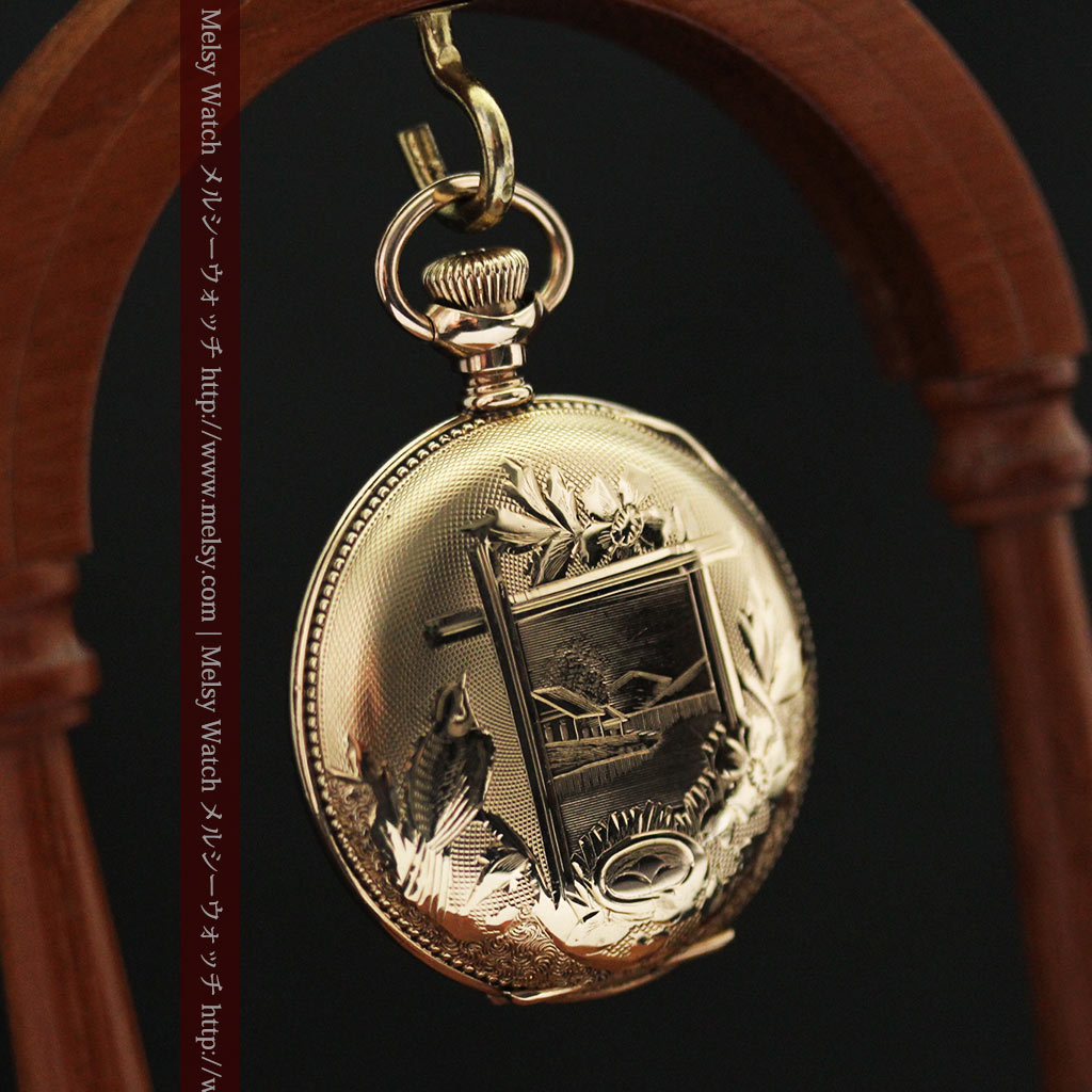 エルジンのアンティーク懐中時計 営巣する小鳥と淡い黄色 【1908年製】