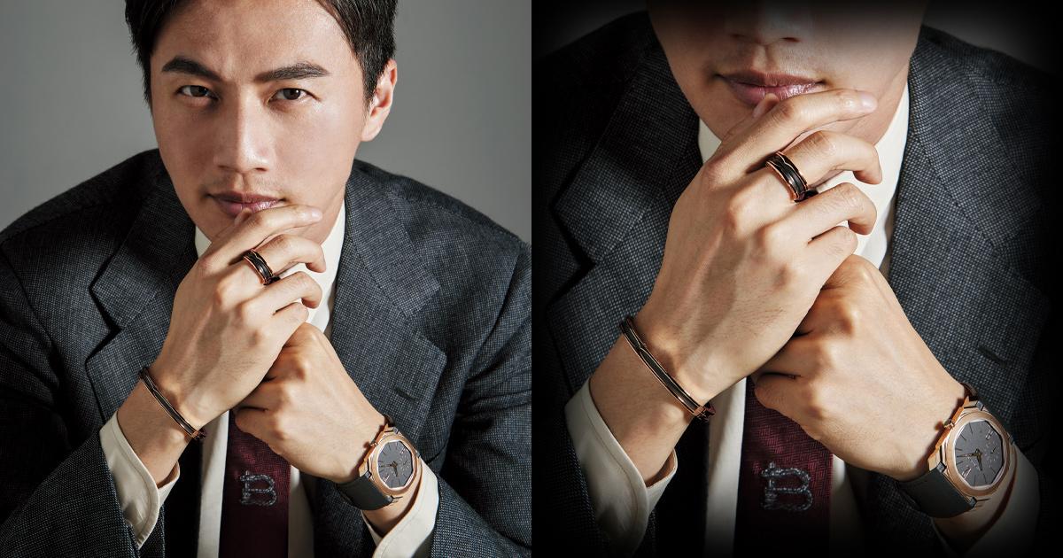 ブルガリ「ビー・ゼロワン」のPG×黒セラミックジュエリーでスーツを