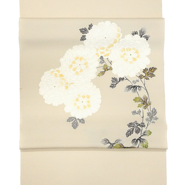 オンラインカタログ]一富司 塩瀬名古屋帯 京友禅染め 正絹 菊 ベージュ
