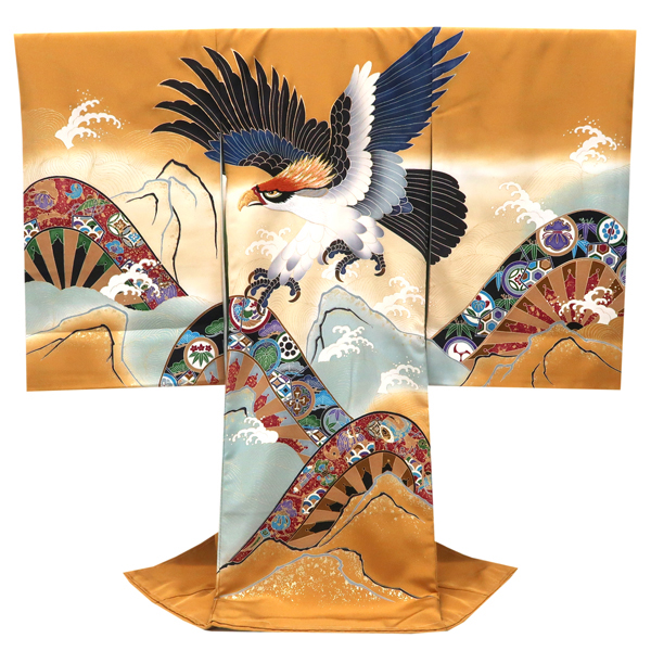 オンラインカタログ]産着 男の子 正絹 京友禅 鷹 波 源氏車 山吹色