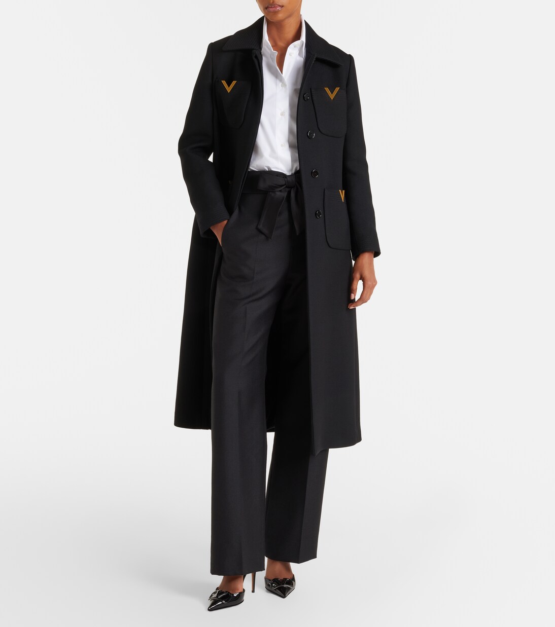 VGold belted wool and silk coat in black - Valentino | Mytheresa