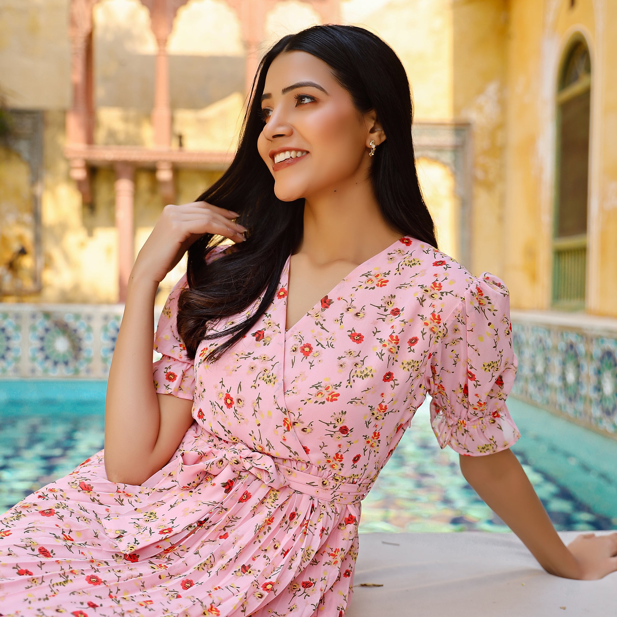 Zina Floral Pleated Maxi Dress