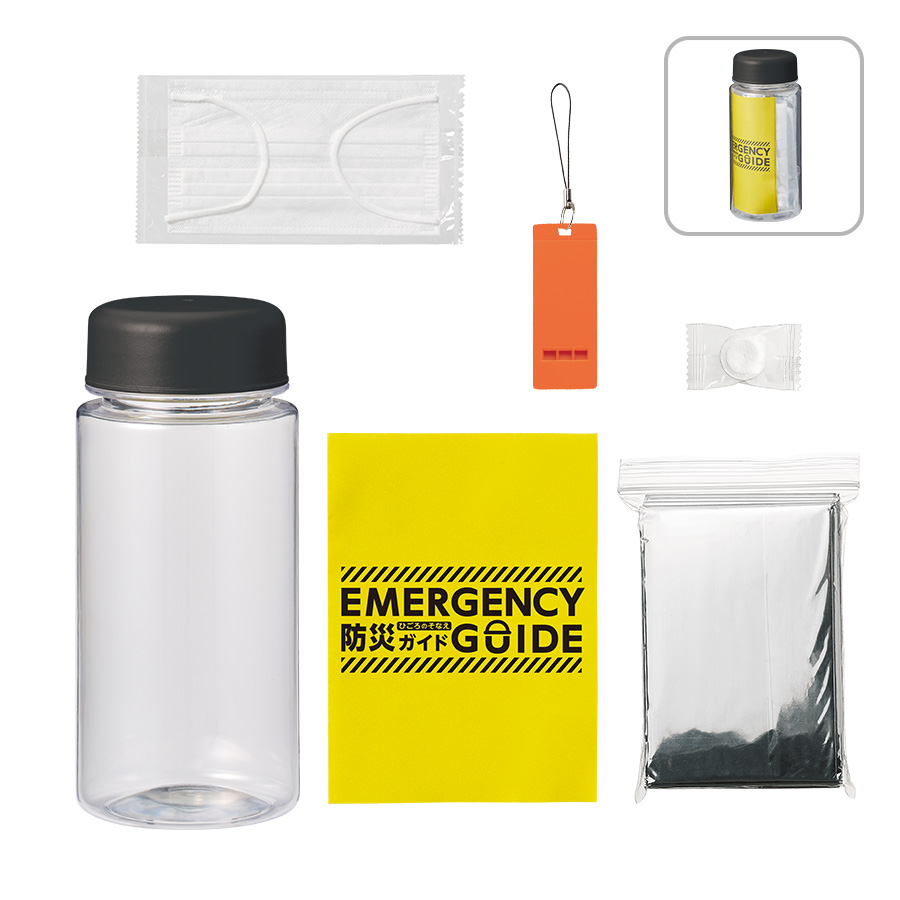 防災緊急6点セット コンパクトボトルタイプ ブラック｜ノベルティストア