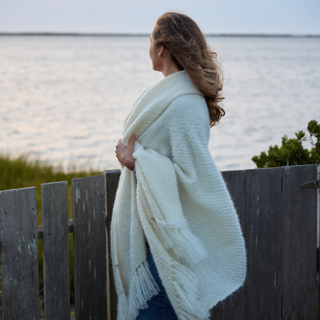 Pale Lavender & White Herringbone Handwoven Cashmere Scarf
