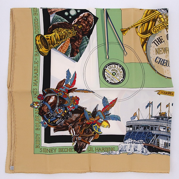 HERMES エルメス カレ90 シルクスカーフ ニューオリンズ 中古(ベージュ