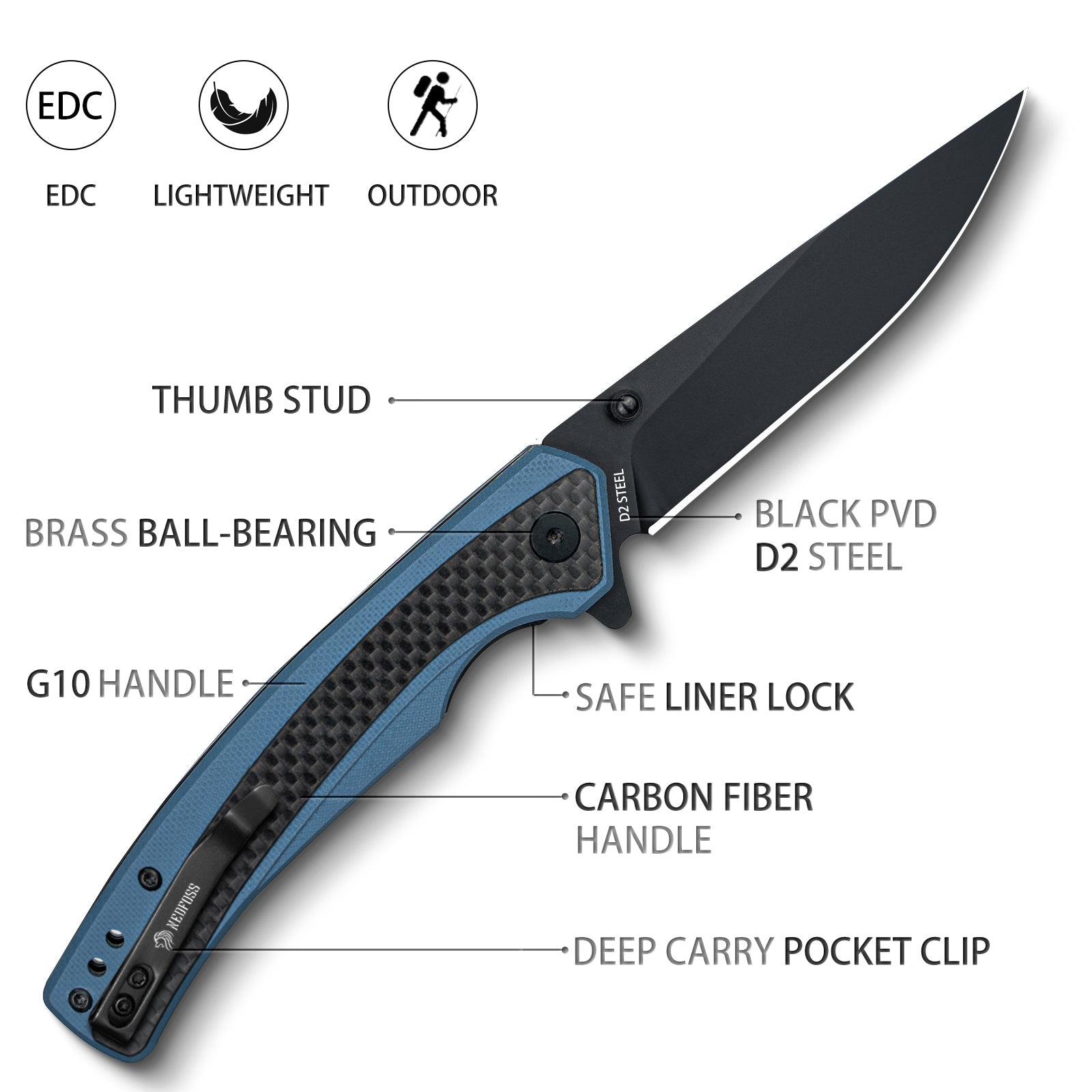 Nedfoss Dolphin Pocket Knife,Carbon-Fiber and D2 Steel Blade