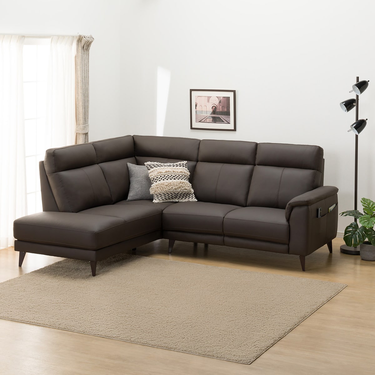 コーナーソファ 本革(一部合成皮革)タイプ(LB07 右コーナー DBR