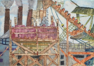 電線の向こうに見える当時のチッソ工場群（熊本県水俣市・水俣第一小6