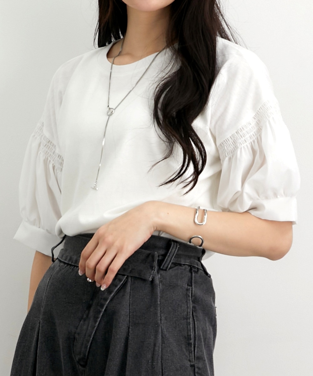 異素材切替パフスリーブ半袖Tシャツ 通販【ニッセン】