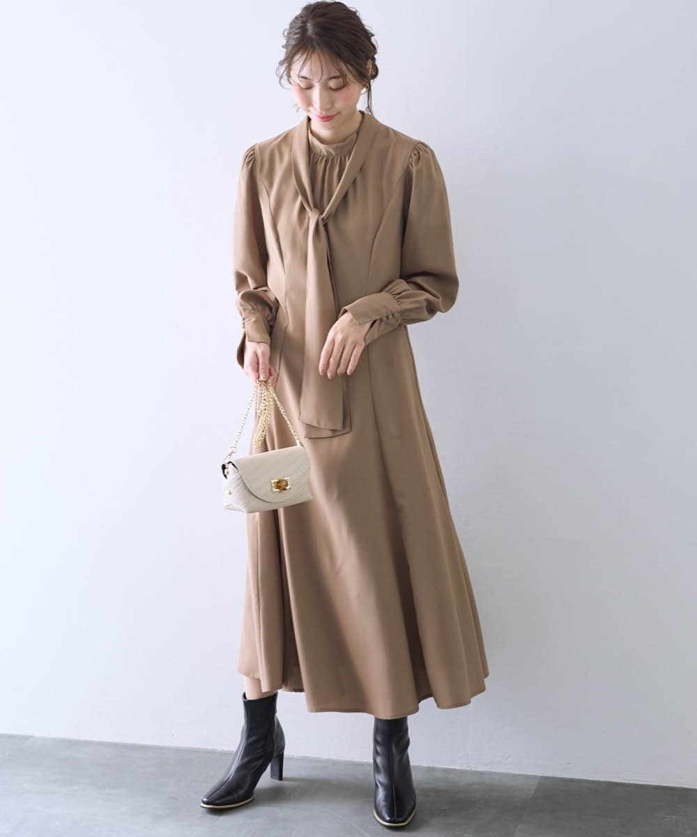 ボウタイ付フレアロングワンピース【Hana服】 通販【ニッセン】