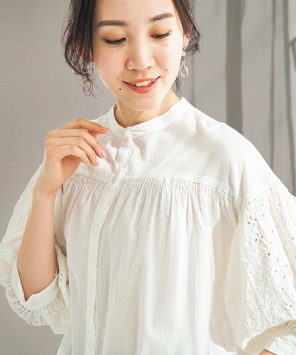 シニアファッション】インド綿ボリューム袖レースブラウス 通販