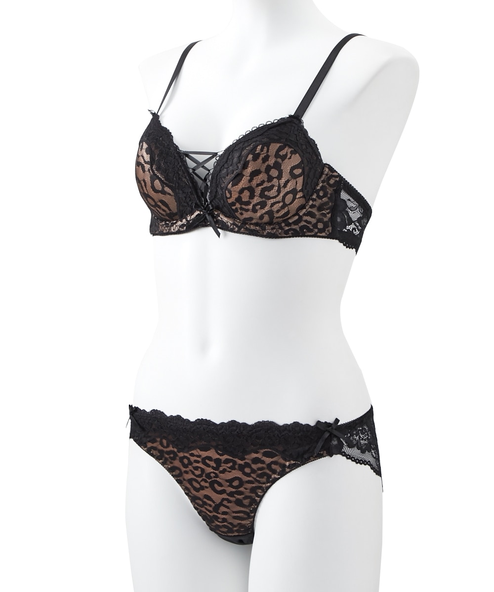 フロント編み上げレオパード柄ブラジャー・ショーツセット 通販