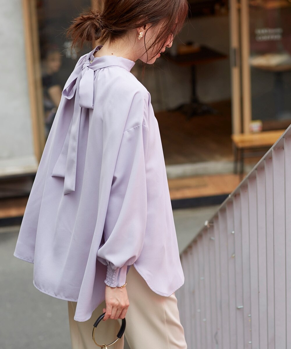 スタンドカラーリボンロング丈ブラウス＜大きいサイズ有＞ 通販