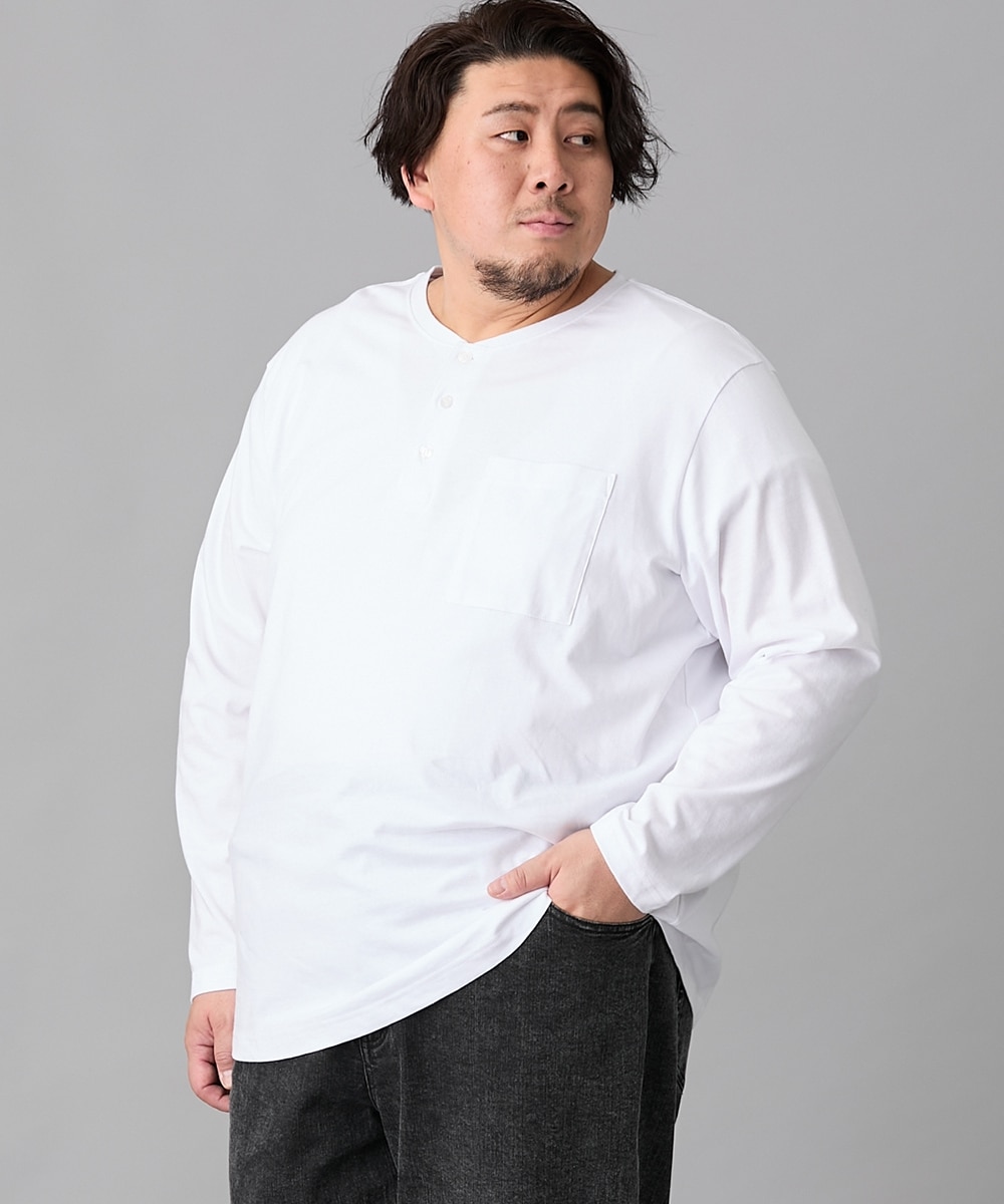 綿100％ポケット付ヘンリーネック長袖Tシャツ（おなかゆったり