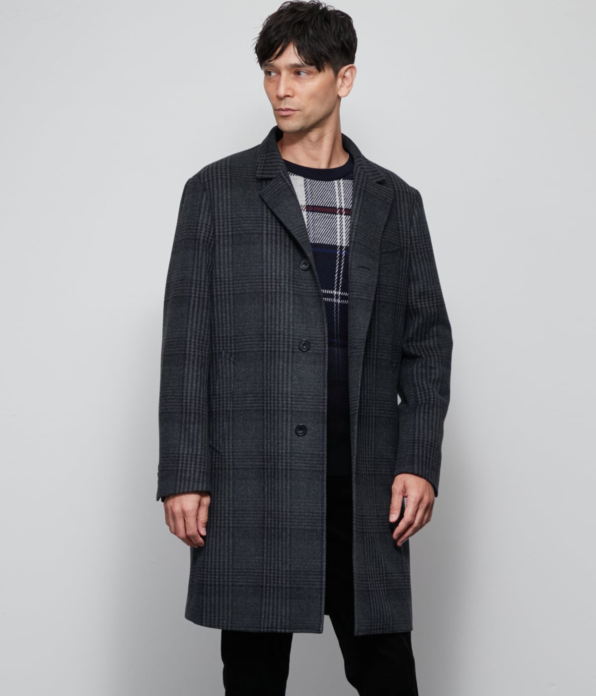 カシミヤ混 チェック ビーバー コンバーチブルカラーコート(11333307