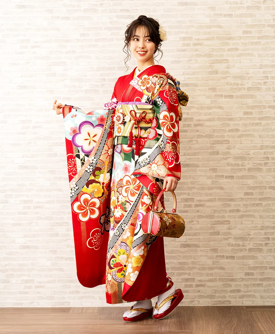 赤地矢羽に捻り梅[FS0893] | 成人式振袖レンタル京都さがの館