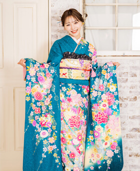 青緑地ピンク牡丹菊-夢P[ES0211] | 成人式振袖レンタル京都さがの館