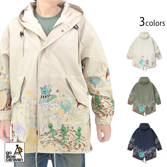 コットン/ナイロンパネル刺繍モッズコート go slow caravan 340206