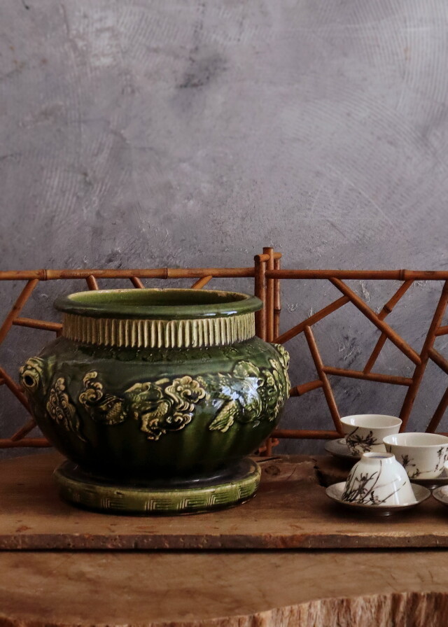 呂宋釉瓶掛け 火鉢 瀬戸織部 手あぶり 鉢カバー 江戸期 骨董 風炉 涼